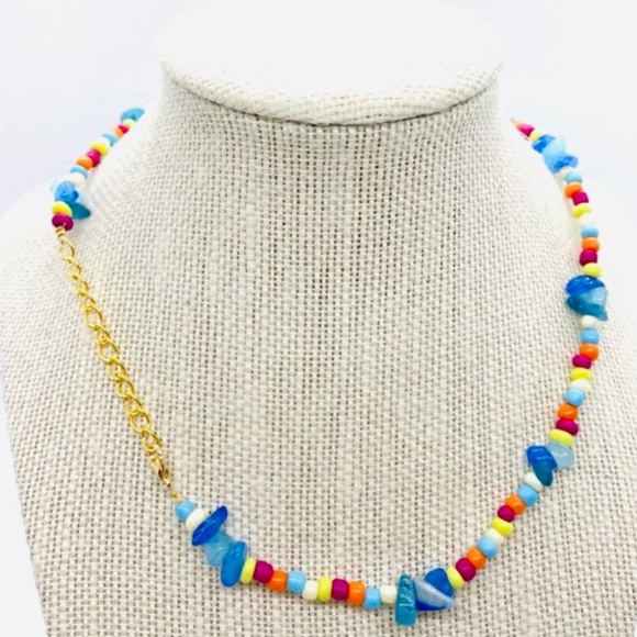 Rainbow/Blue Chip Beaded Choker Necklace Boho-chic Coastal Beach Classic Preppy - Picture 3 of 6